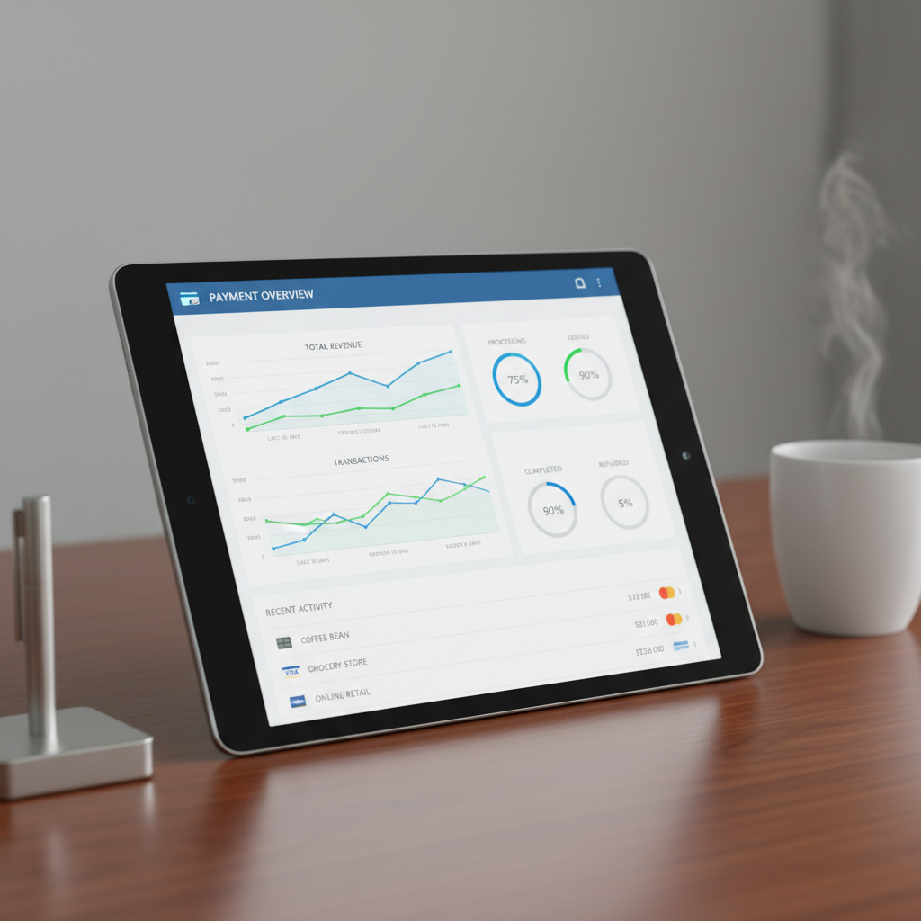 Fintech payment dashboard showing transaction analytics on multiple screens
