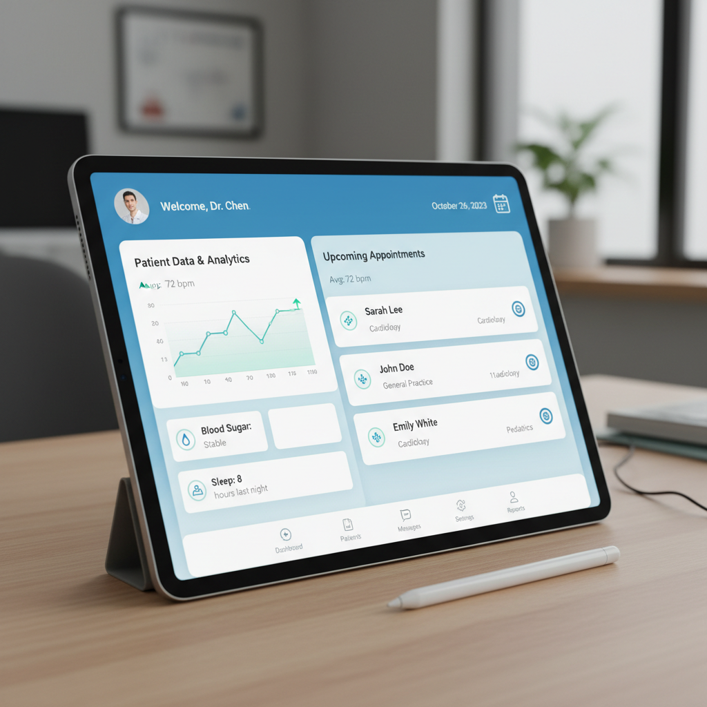 Healthcare software interface showing patient scheduling dashboard on a tablet