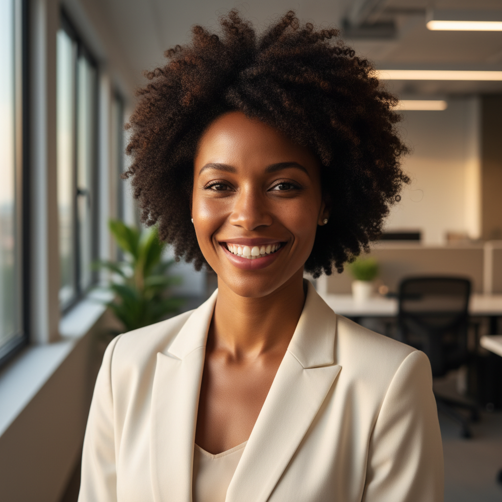 Professional headshot of Sarah Okonkwo, a woman with natural hair in a blazer