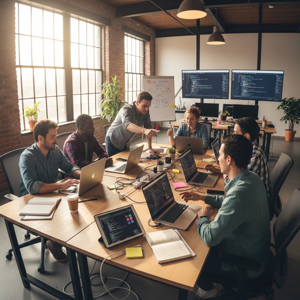 Diverse software engineering team collaborating around laptops in a modern office